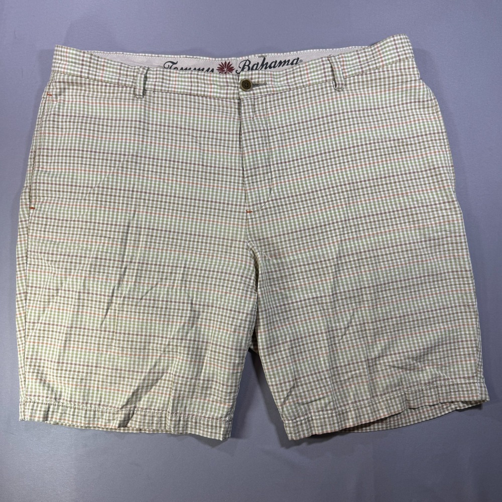 Tommy Bahama Mens 40 Paradise Nation Gingham Plaid Cotton Shorts Tan Green